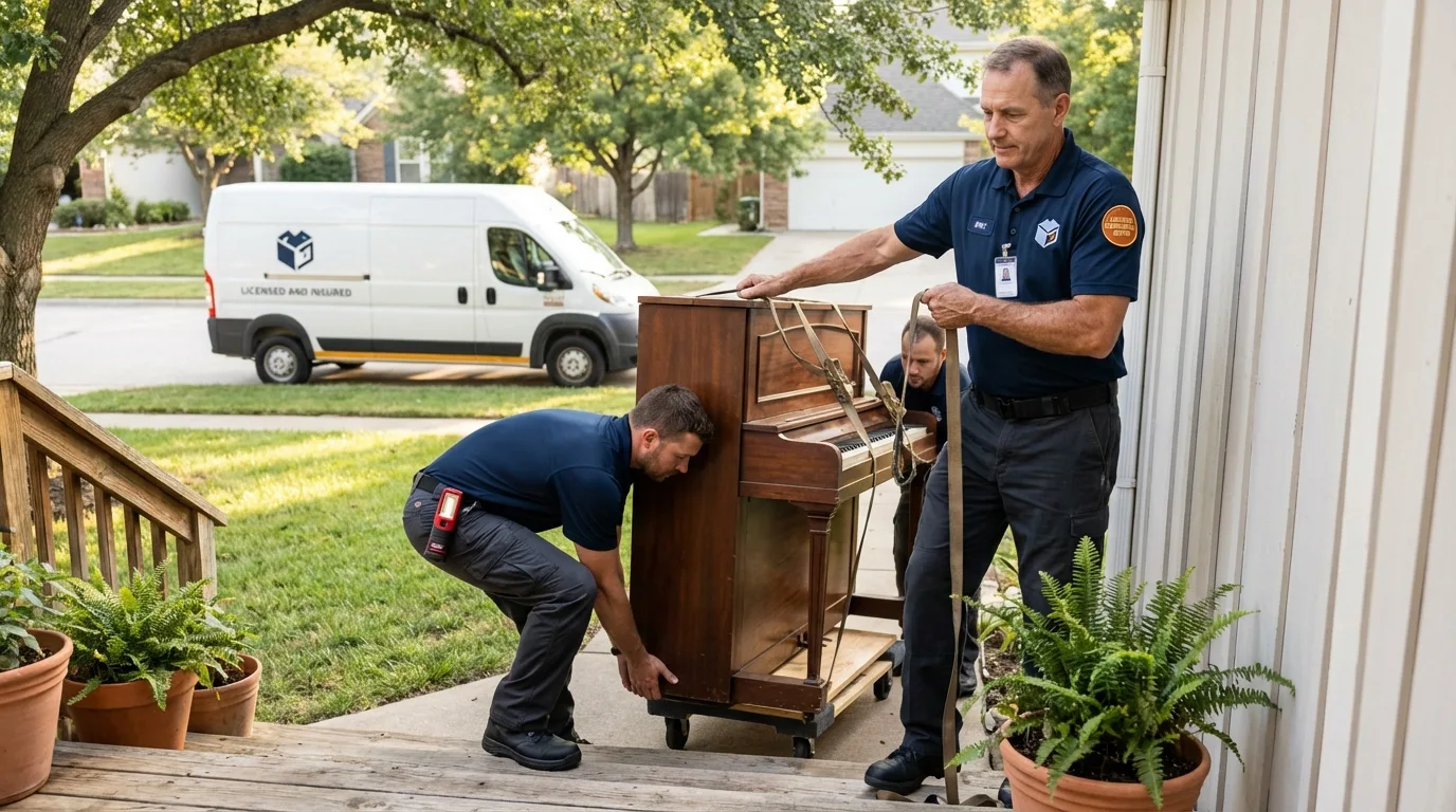 Licensed piano movers securing grand piano in Greenfield, IL