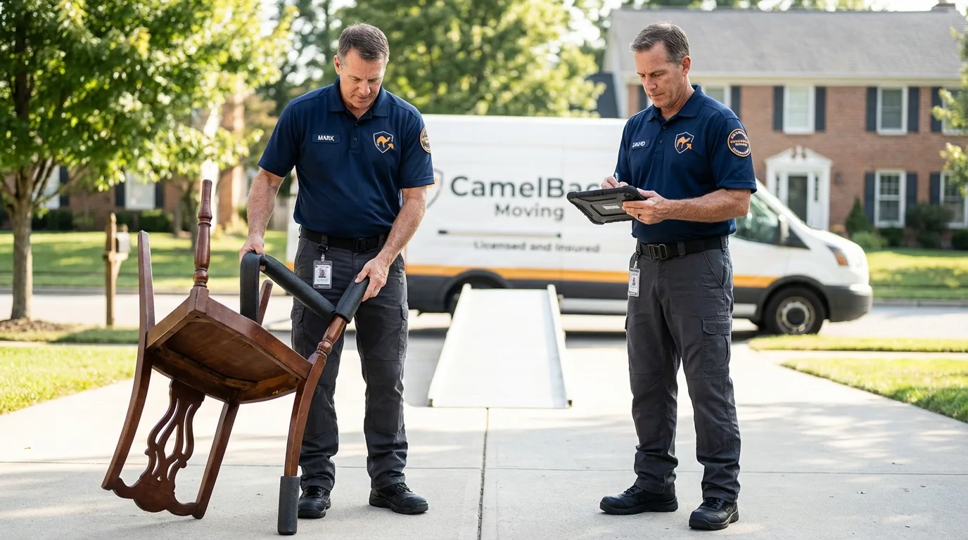 Movers inspecting furniture for damage prevention before loading in Greenfield, IL