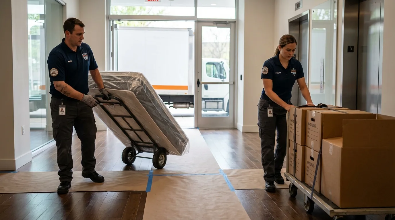 Professional apartment movers loading elevator in Greenfield, IL